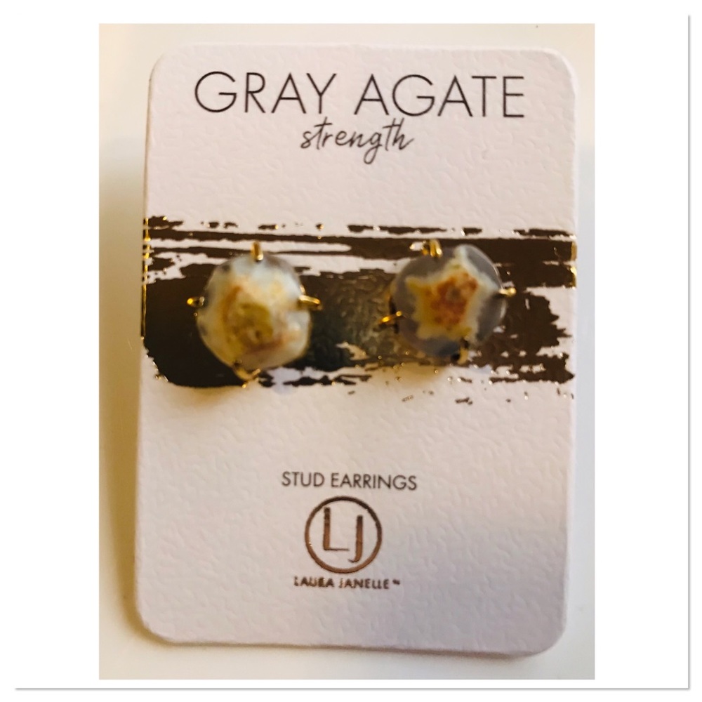 Laura Janelle Gray Agate Stone Stud Earrings Natural Gray Color New